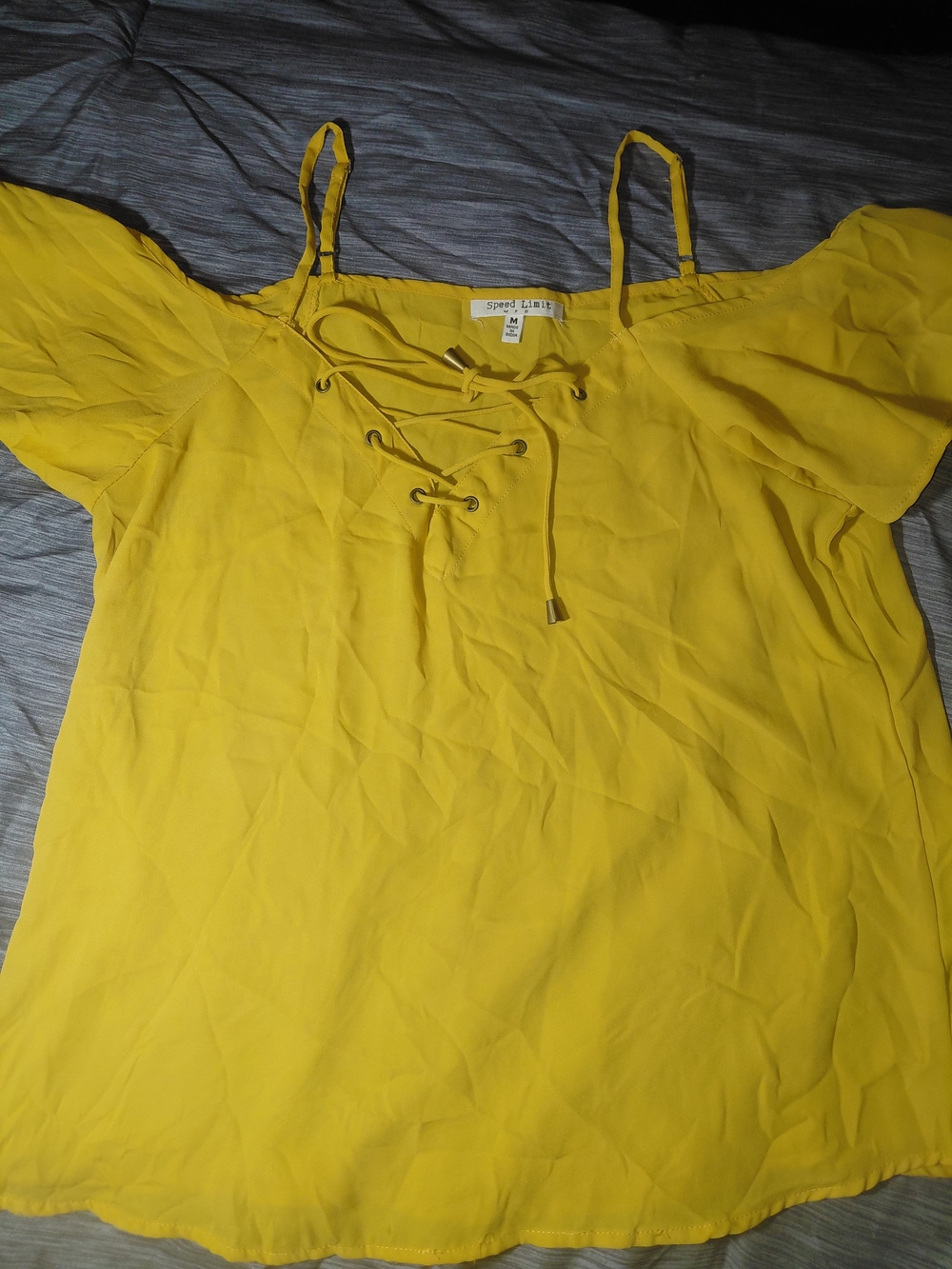 Speed Limit Mph Yellow Lace-Up Off-Shoulder Blouse